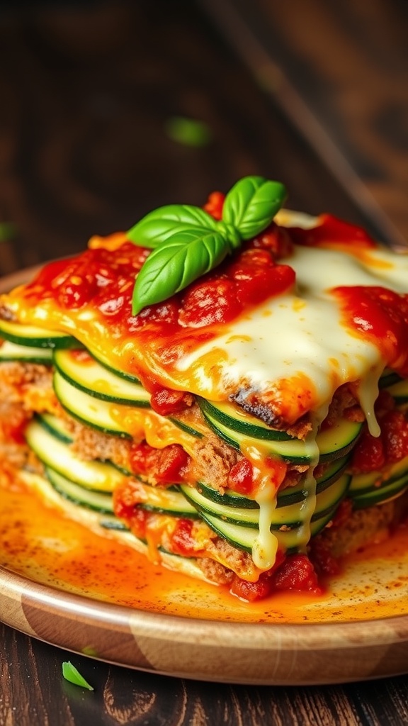 A keto-friendly lasagna with layers of zucchini, ground beef, marinara sauce, and melted cheese, garnished with basil.